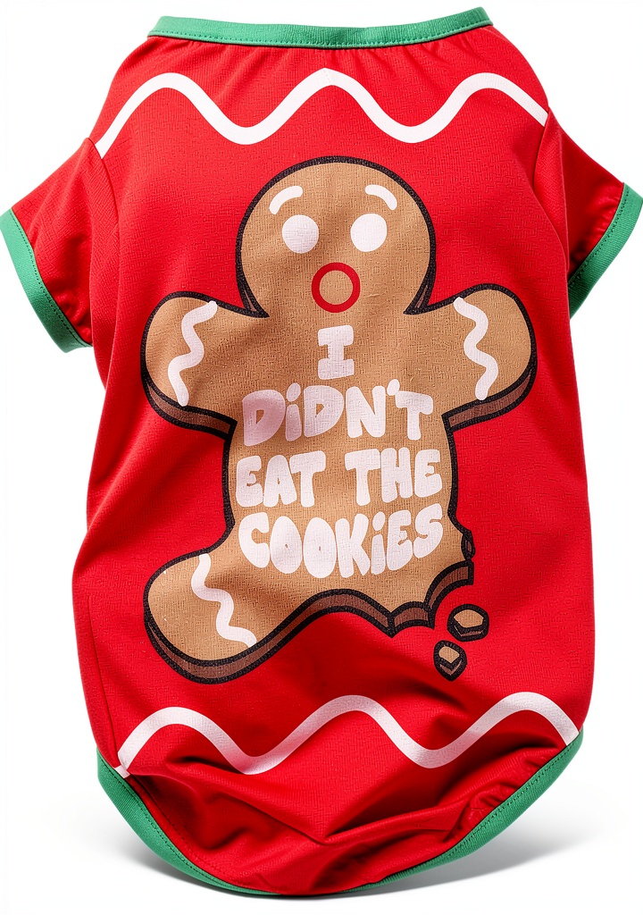 Small dog wearing red Santa shirt sitting by Christmas tree